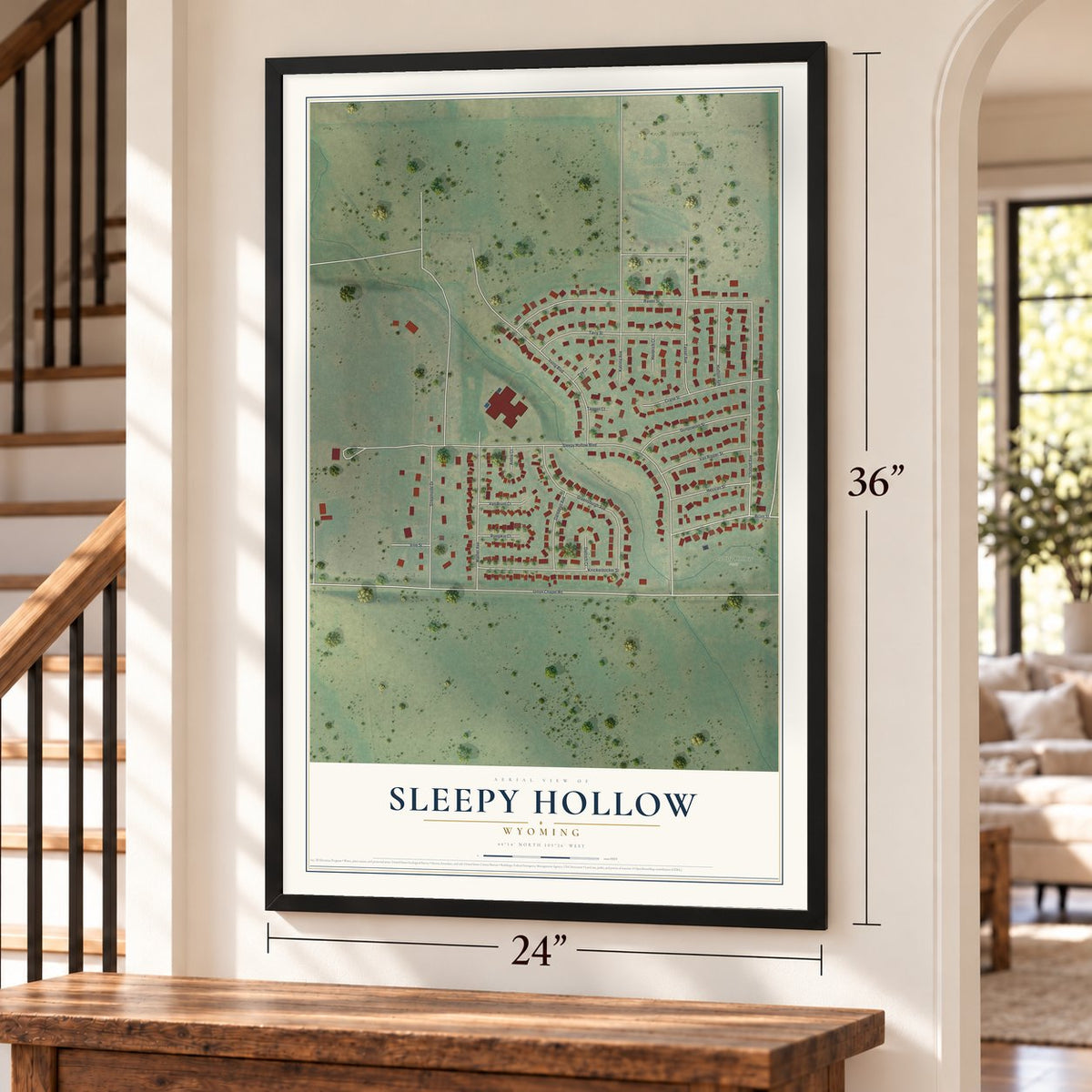 Sleepy Hollow, Wyoming map, 24 x 36 inch print in a black frame by a staircase