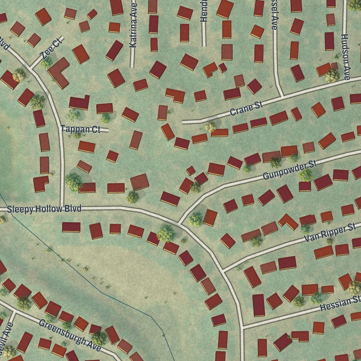 Close-up of the map of Sleepy Hollow, Wyoming print showing street and building detail