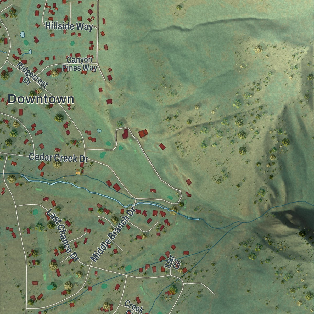 Close-up of the map of Star Valley Ranch, Wyoming print showing street and building detail