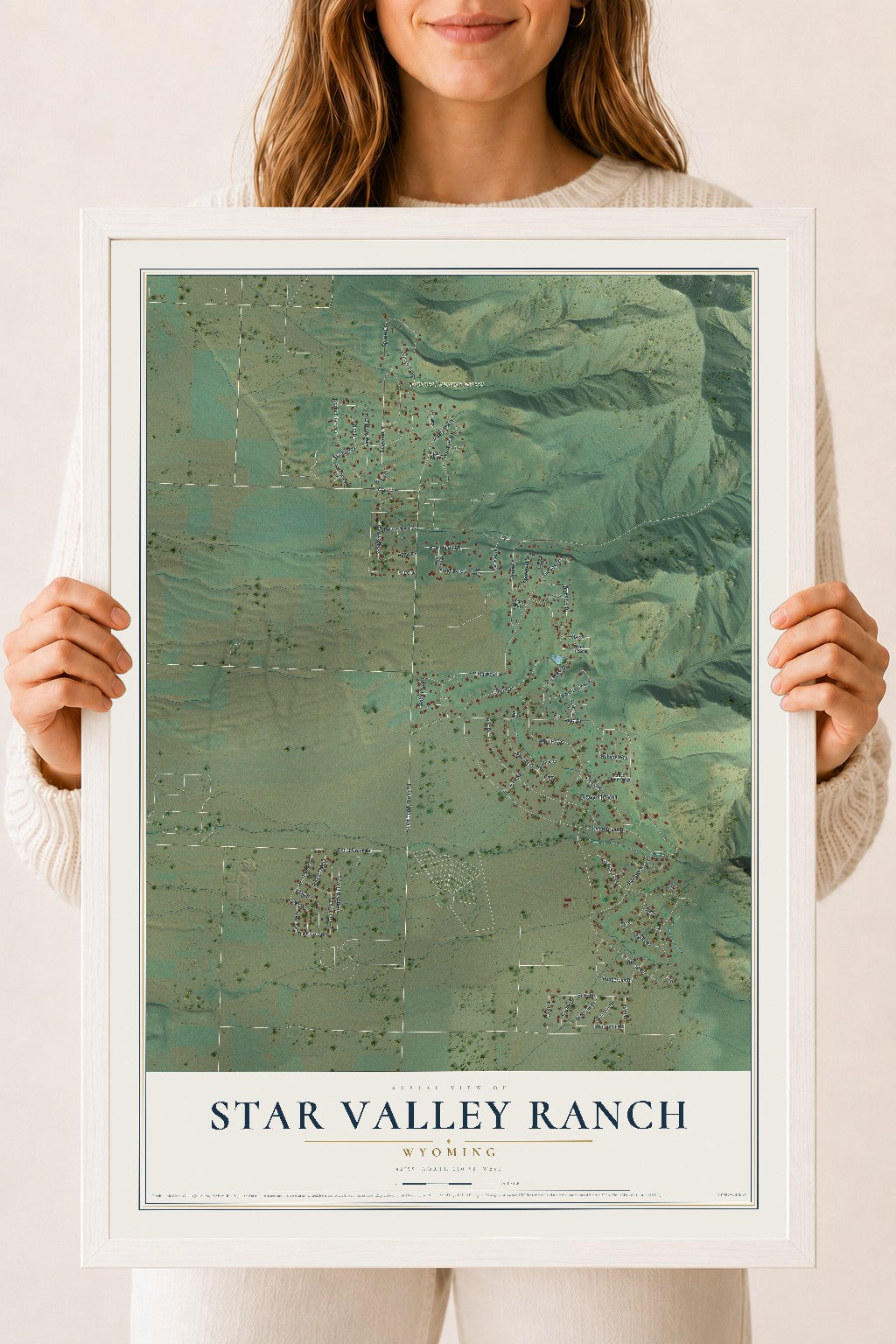 Map of Star Valley Ranch, Wyoming, 18 x 24 inch print in a white wood frame