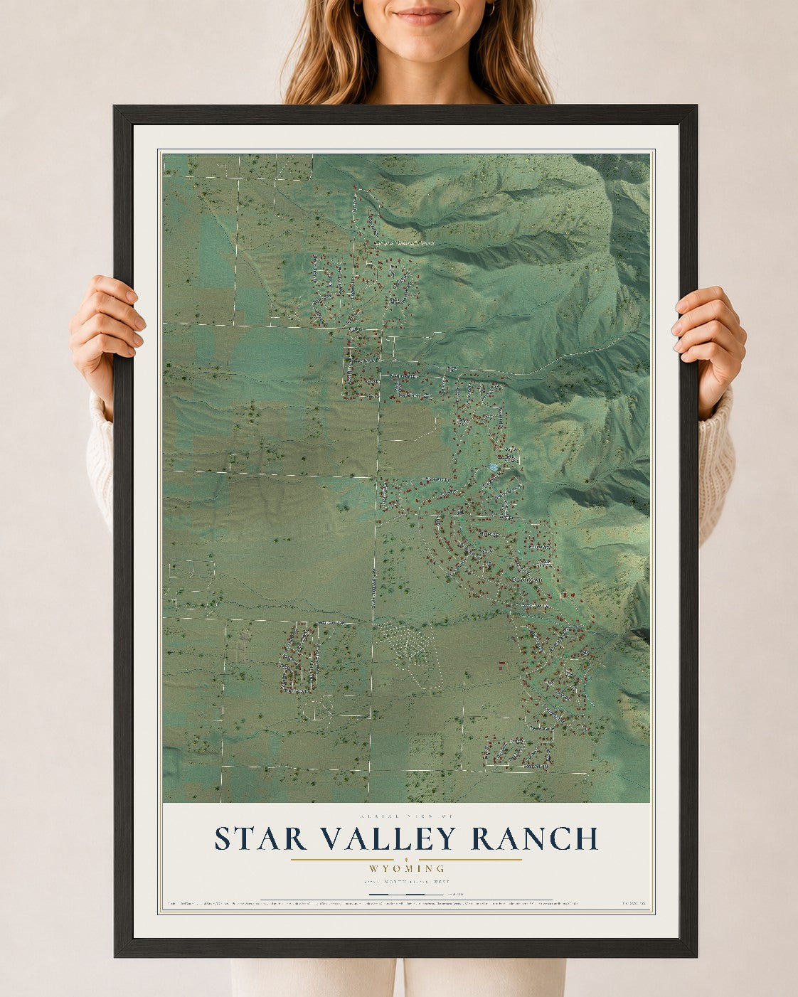 Map of Star Valley Ranch, Wyoming, 24 x 36 inch print in a black wood frame
