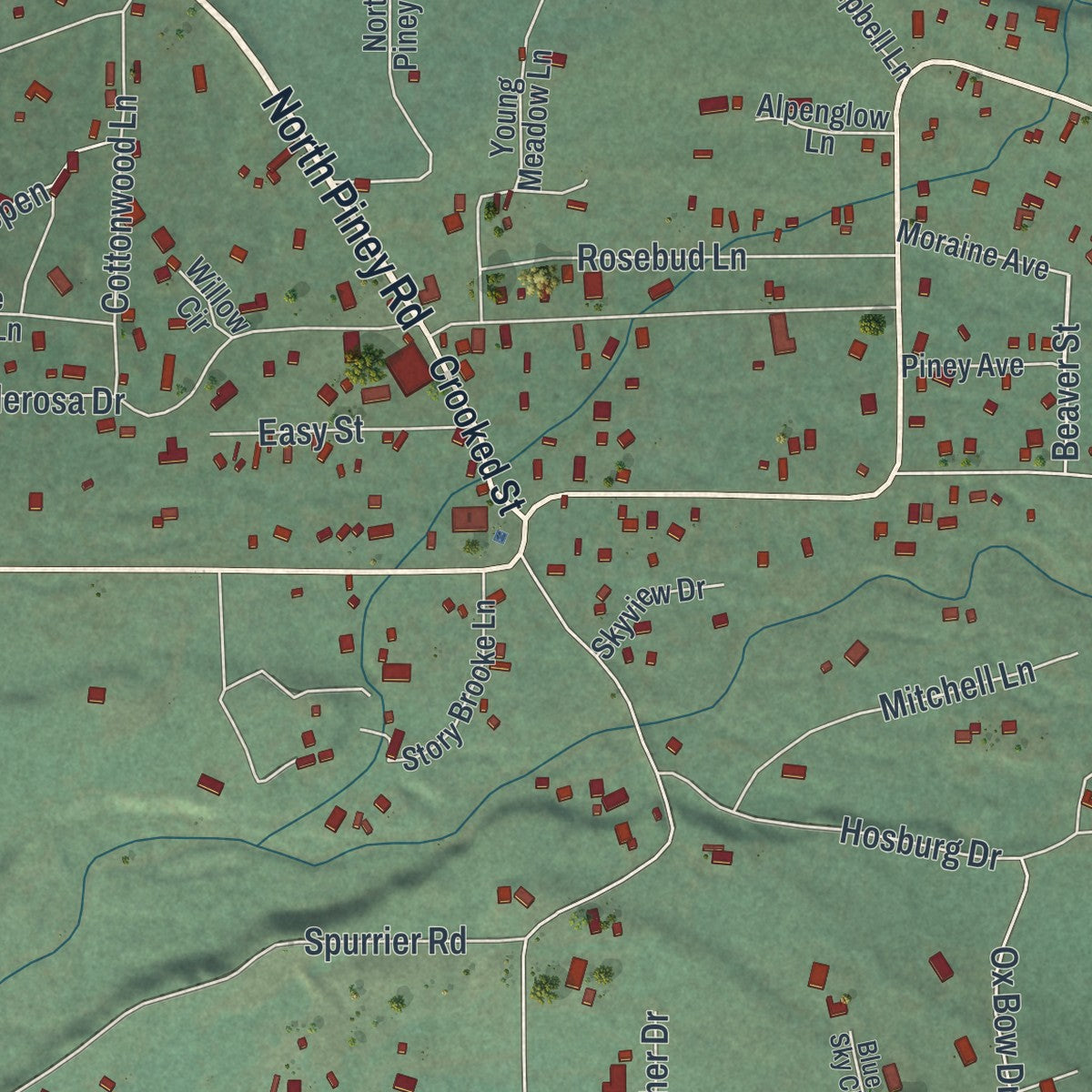 Close-up of the map of Story, Wyoming print showing street and building detail