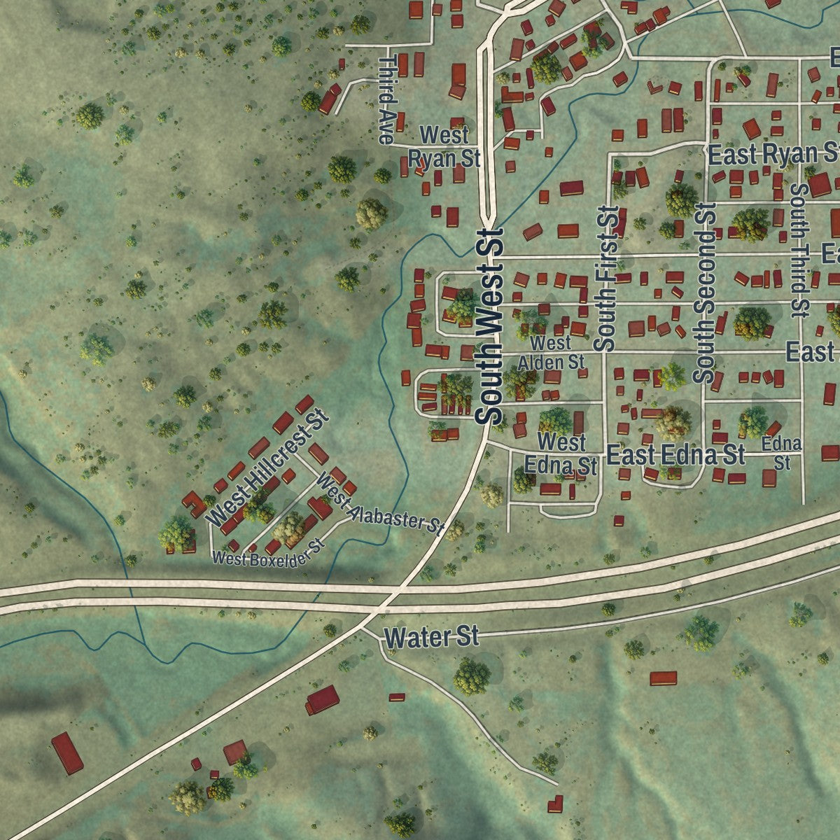 Close-up of the map of Sundance, Wyoming print showing street and building detail