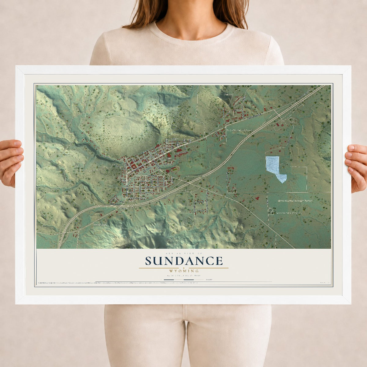 Map of Sundance, Wyoming, 18 x 24 inch print in a white wood frame