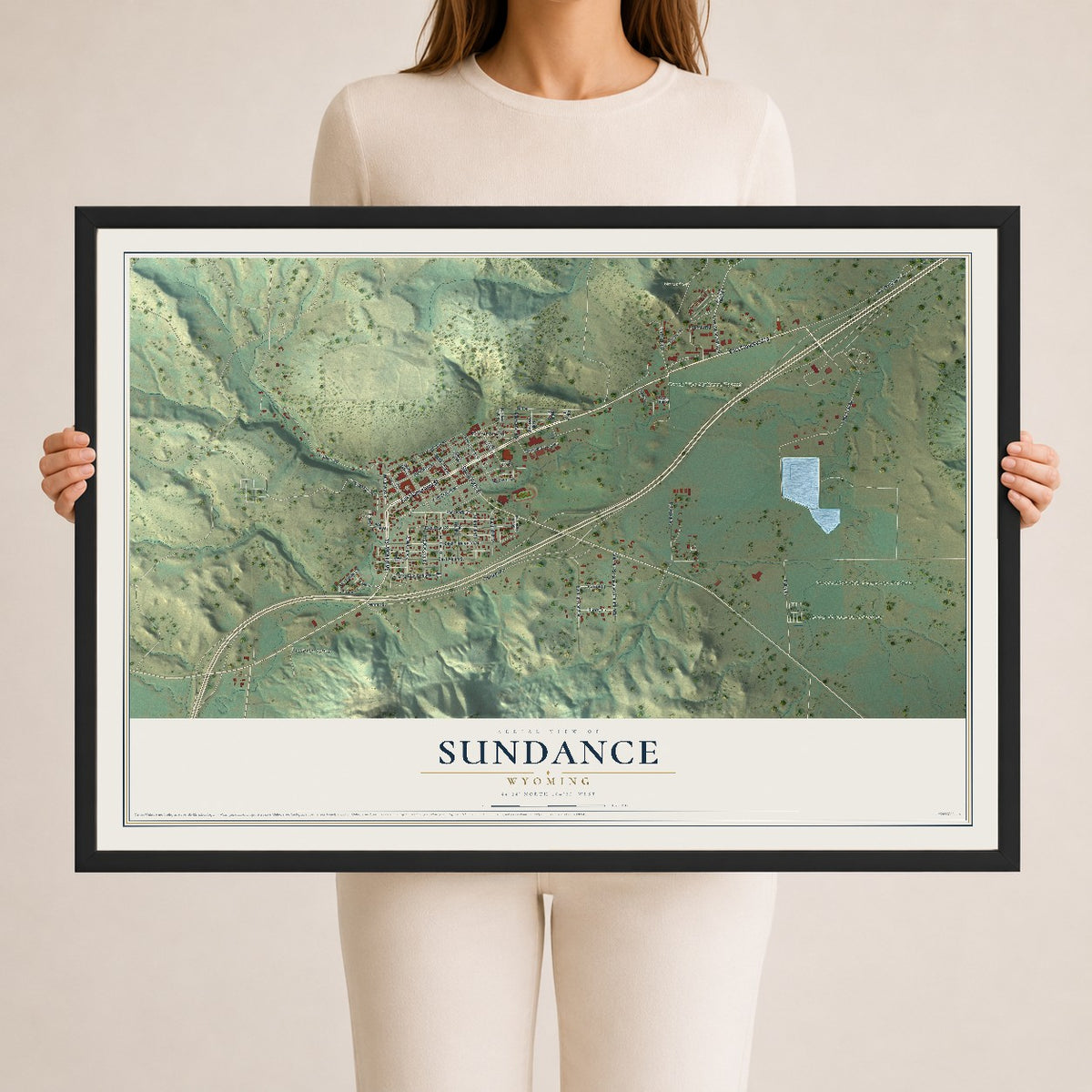 Map of Sundance, Wyoming, 24 x 36 inch print in a black wood frame