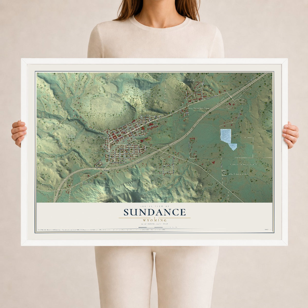 Map of Sundance, Wyoming, 24 x 36 inch print in a white wood frame