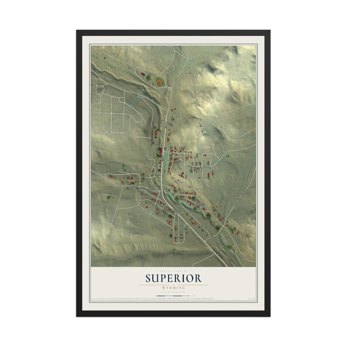 Map of Superior, Wyoming, 12 x 18 inch print in a black wood frame