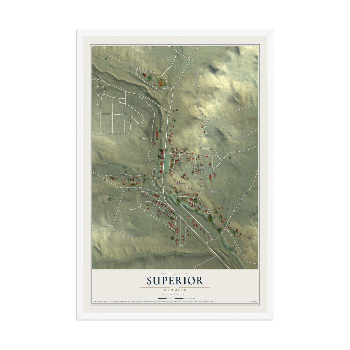Map of Superior, Wyoming, 12 x 18 inch print in a white wood frame