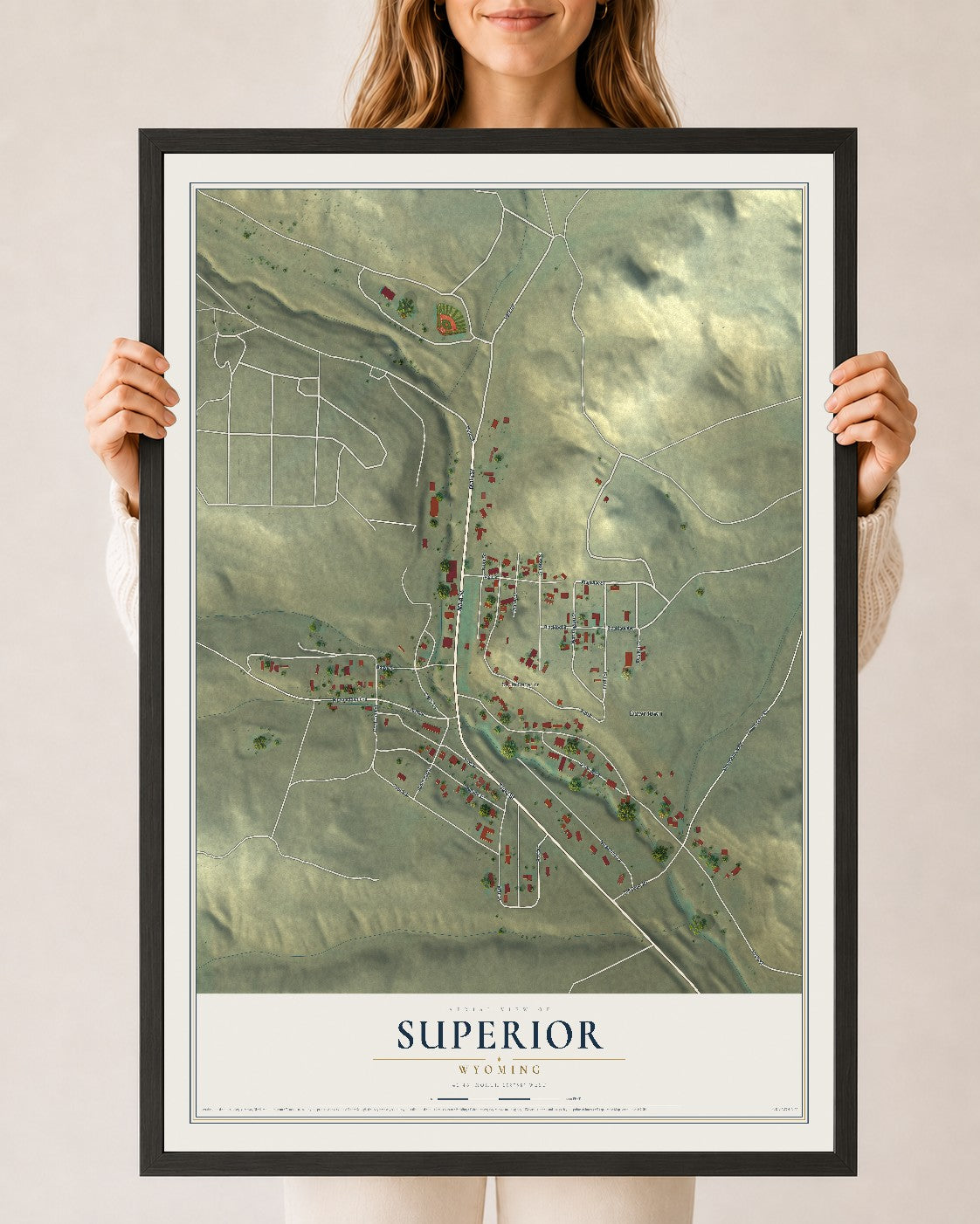 Map of Superior, Wyoming, 24 x 36 inch print in a black wood frame
