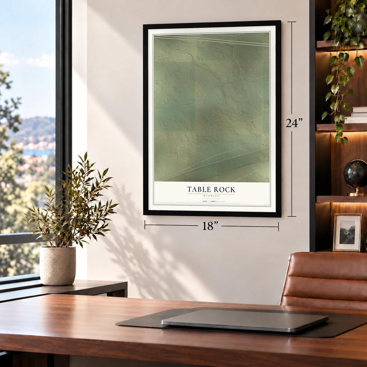 Table Rock, Wyoming map, 18 x 24 inch print in a black frame in a home office