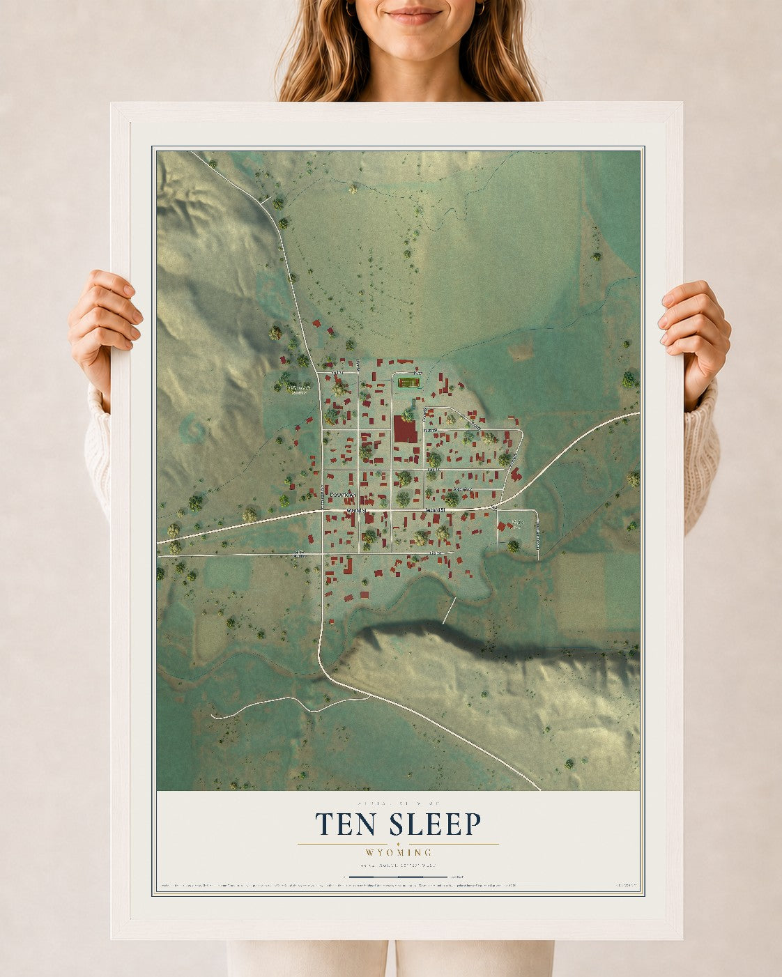Map of Ten Sleep, Wyoming, 24 x 36 inch print in a white wood frame