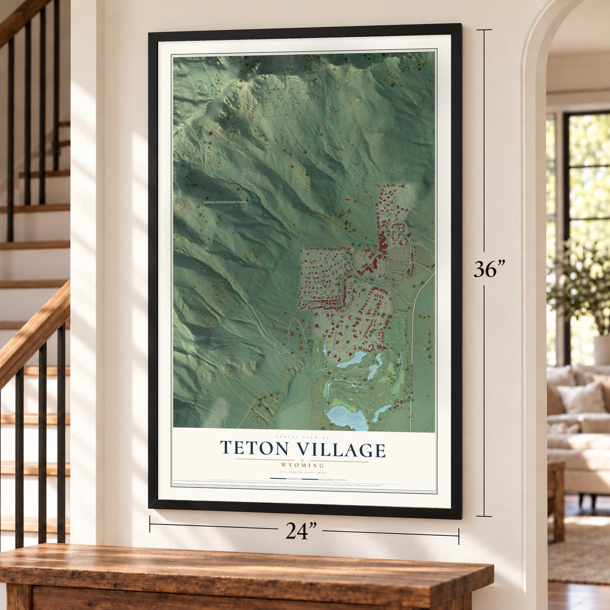 Teton Village, Wyoming map, 24 x 36 inch print in a black frame by a staircase
