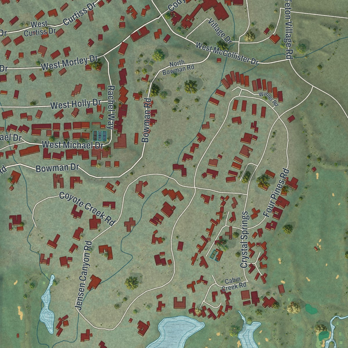 Close-up of the map of Teton Village, Wyoming print showing street and building detail