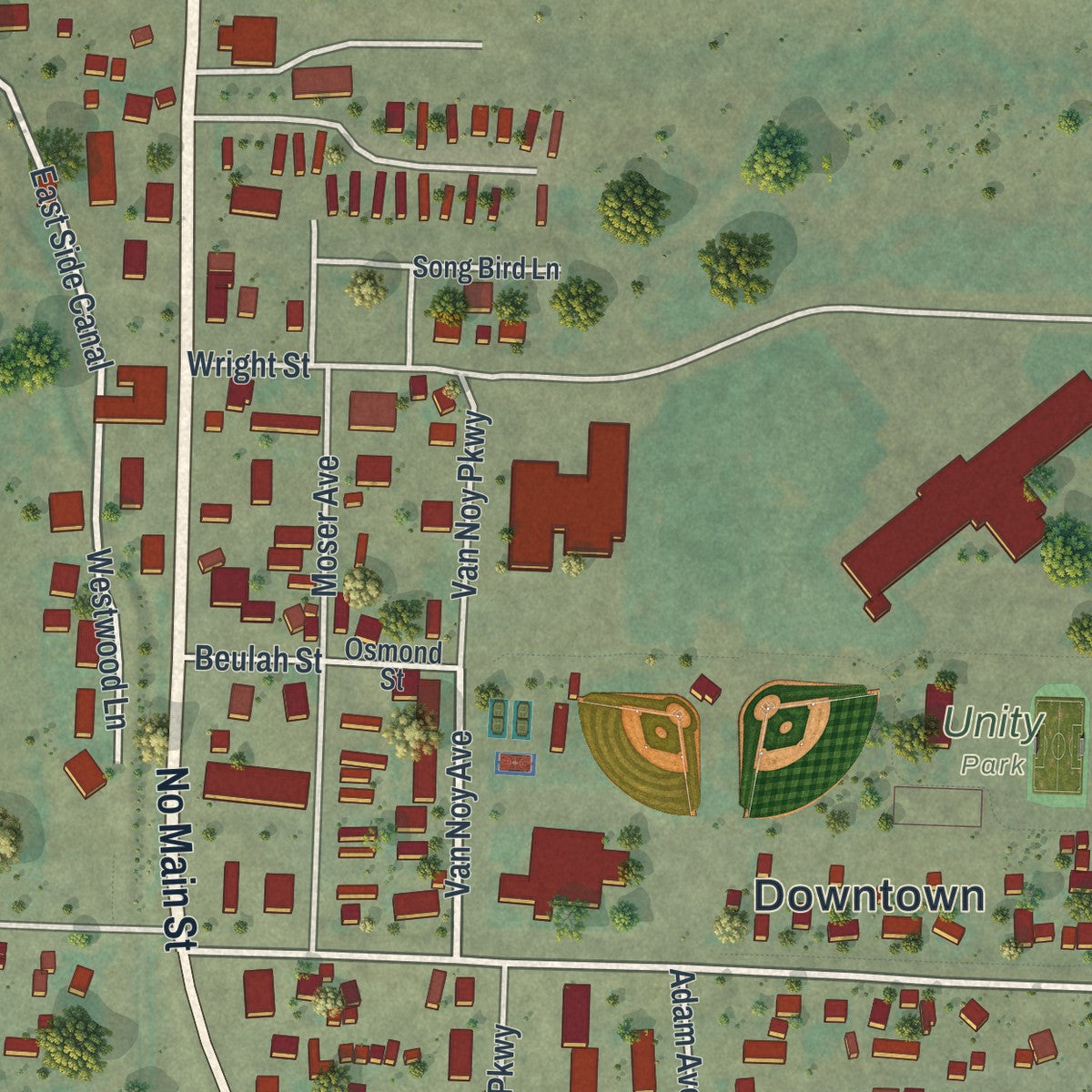 Close-up of the map of Thayne, Wyoming print showing street and building detail