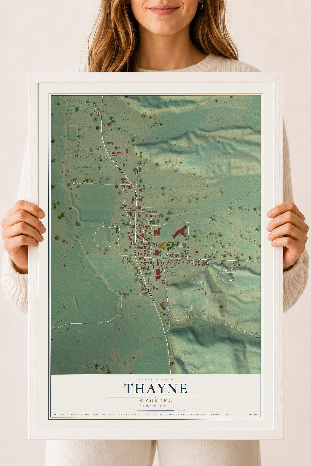 Map of Thayne, Wyoming, 18 x 24 inch print in a white wood frame