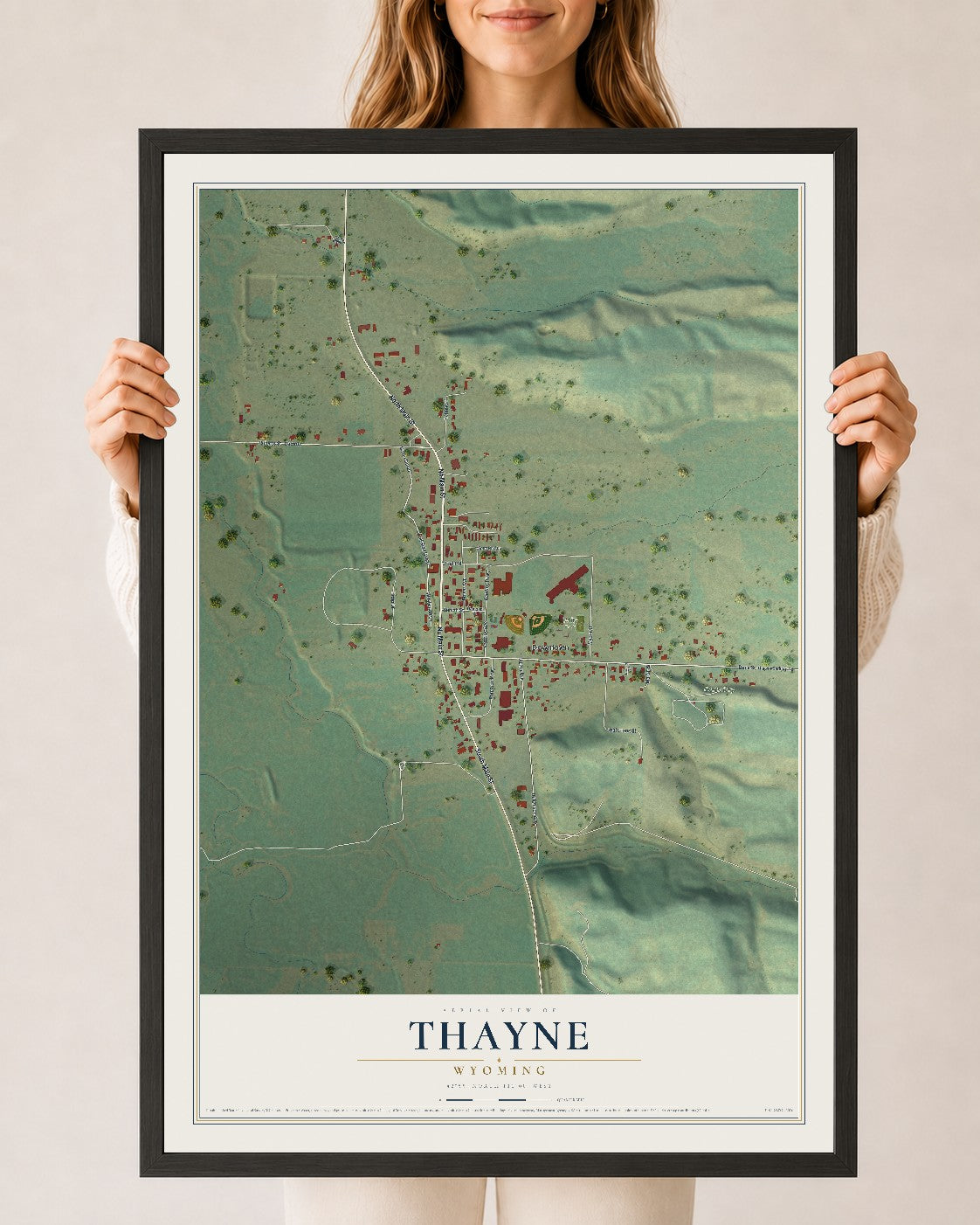 Map of Thayne, Wyoming, 24 x 36 inch print in a black wood frame