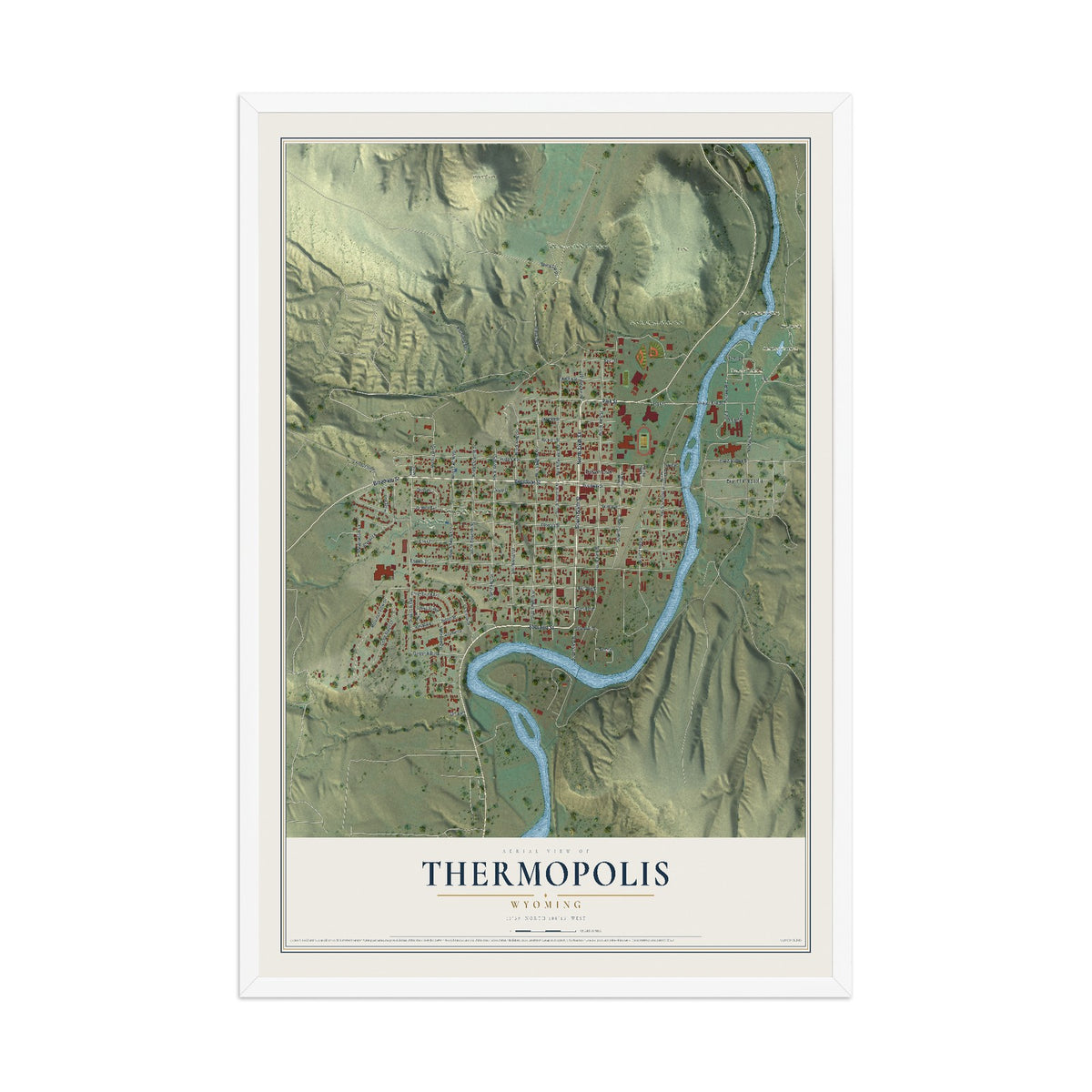 Map of Thermopolis, Wyoming, 12 x 18 inch print in a white wood frame