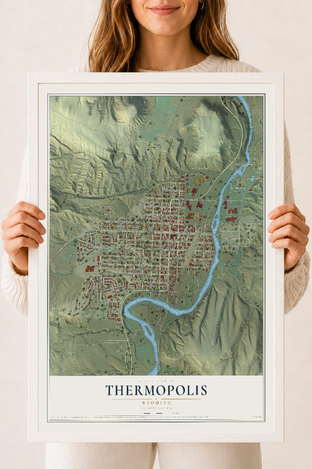 Map of Thermopolis, Wyoming, 18 x 24 inch print in a white wood frame