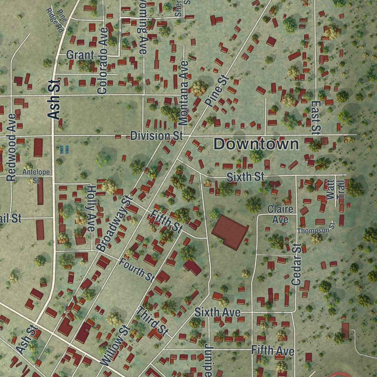 Close-up of the map of Upton, Wyoming print showing street and building detail