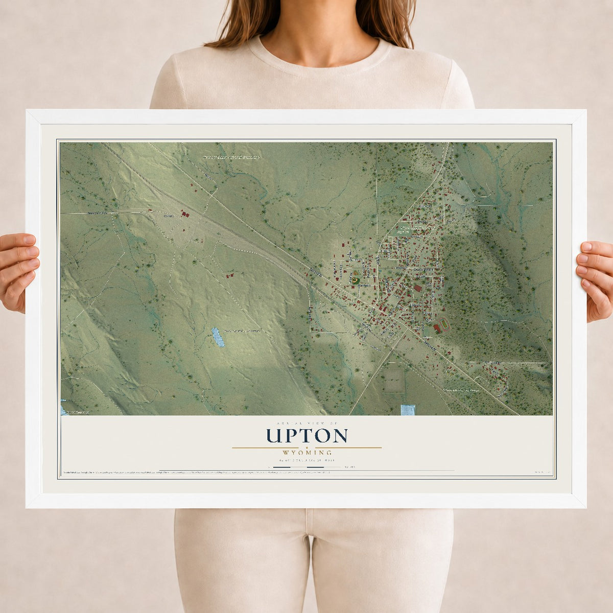 Map of Upton, Wyoming, 18 x 24 inch print in a white wood frame