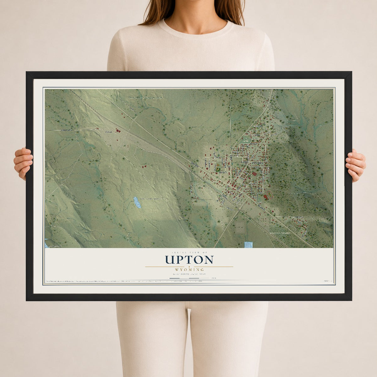 Map of Upton, Wyoming, 24 x 36 inch print in a black wood frame