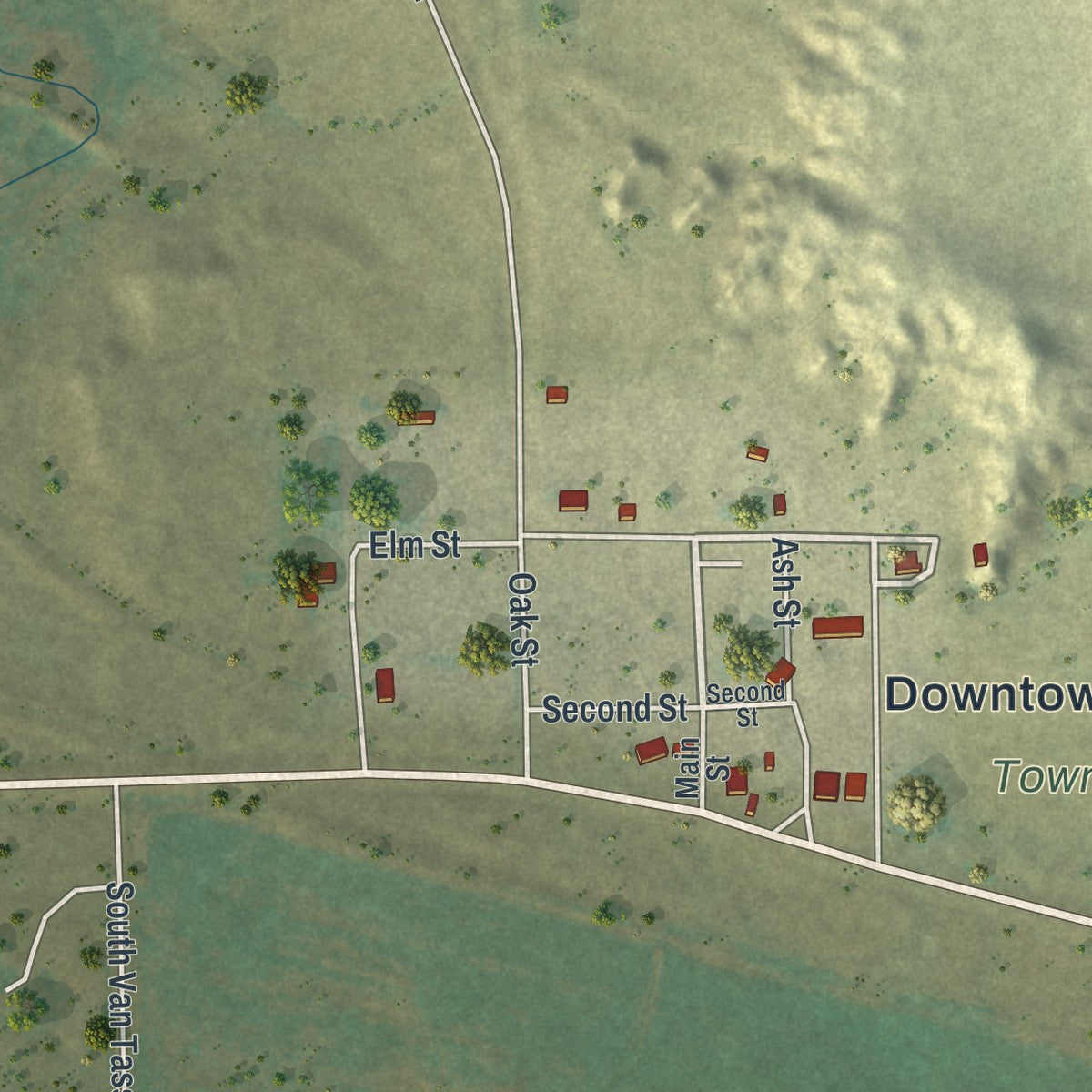 Close-up of the map of Van Tassell, Wyoming print showing street and building detail