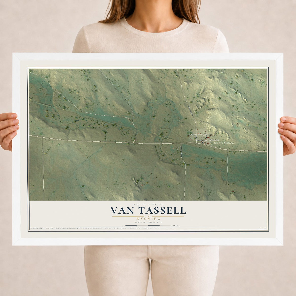 Map of Van Tassell, Wyoming, 18 x 24 inch print in a white wood frame