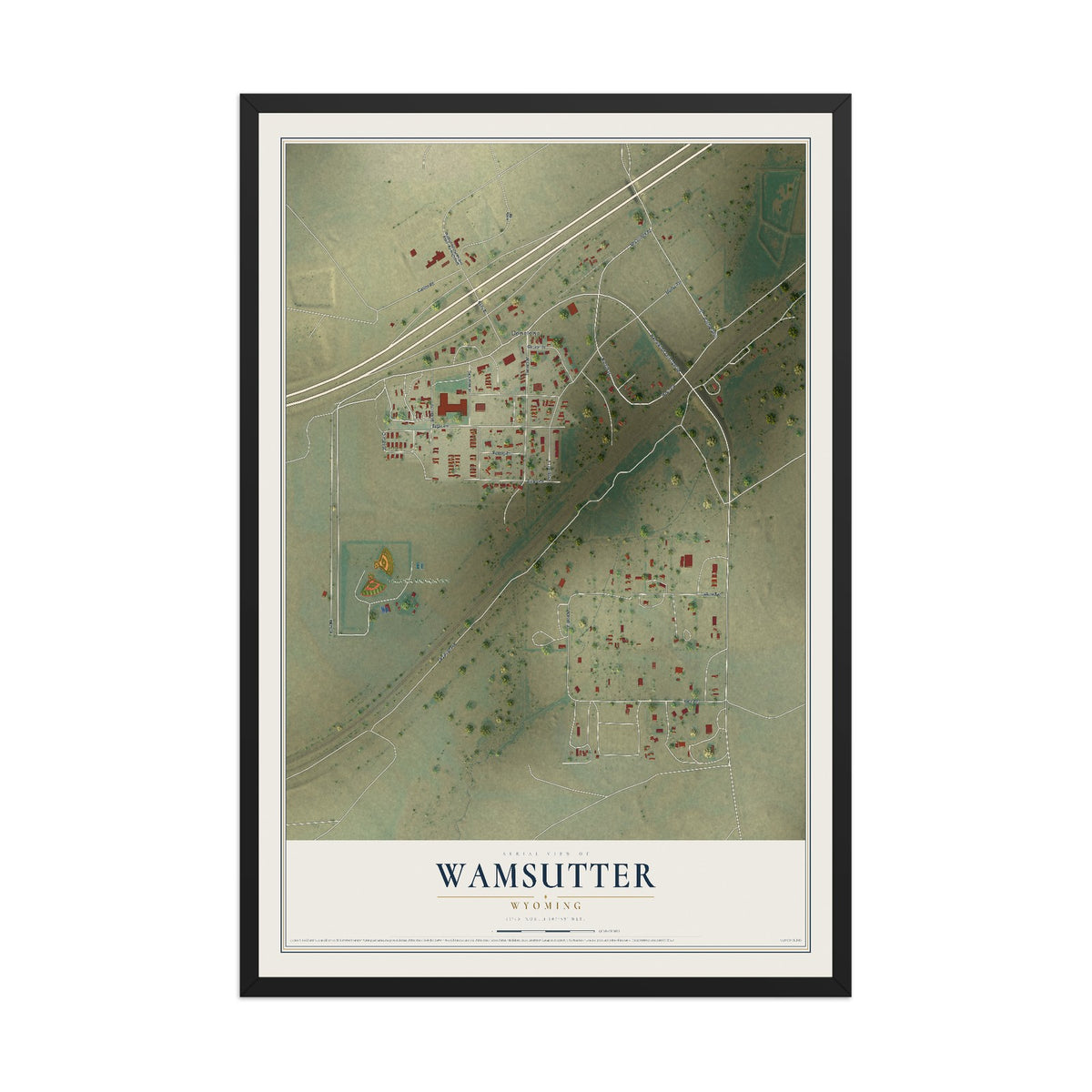 Map of Wamsutter, Wyoming, 12 x 18 inch print in a black wood frame