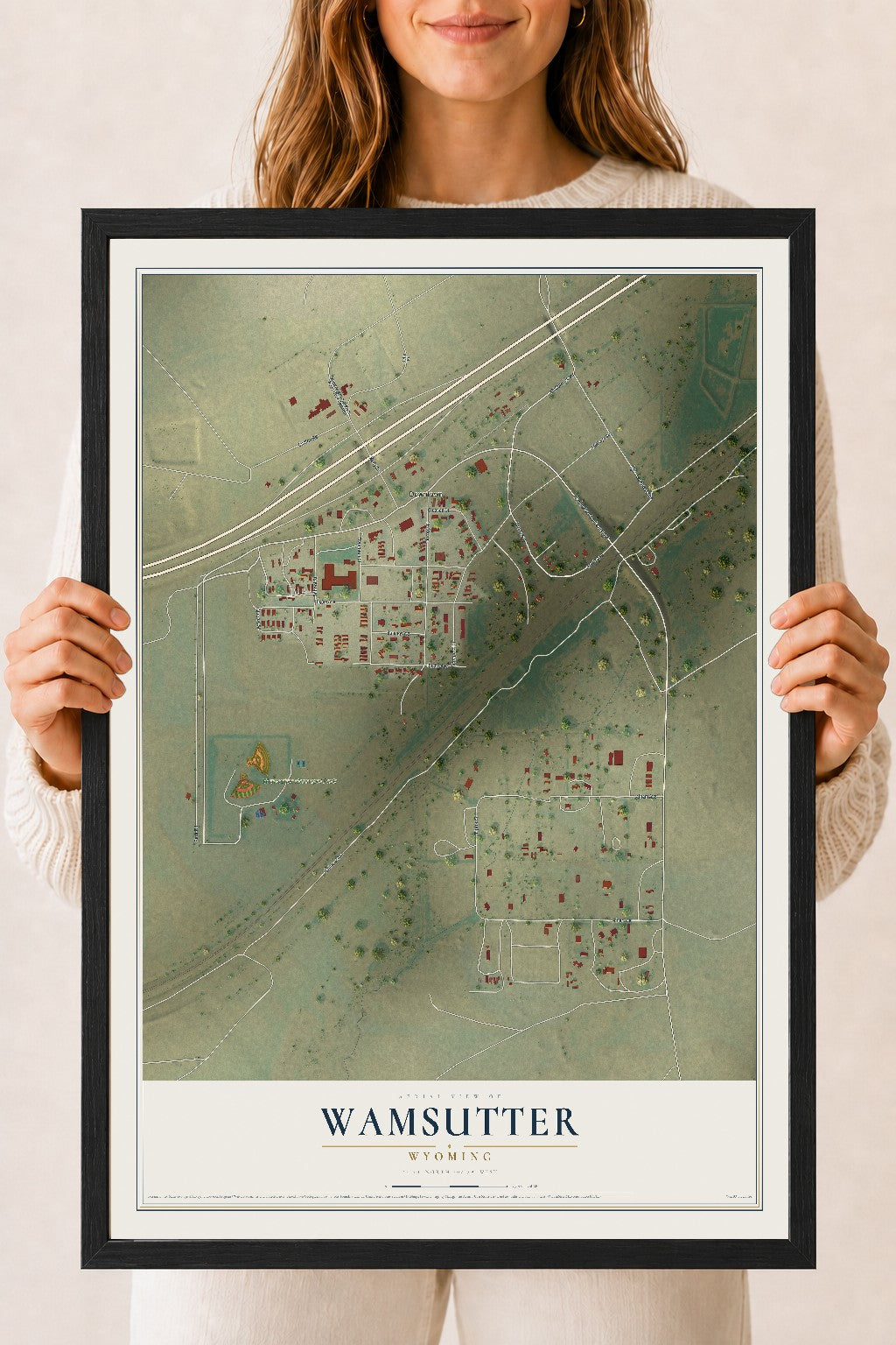 Map of Wamsutter, Wyoming, 18 x 24 inch print in a black wood frame