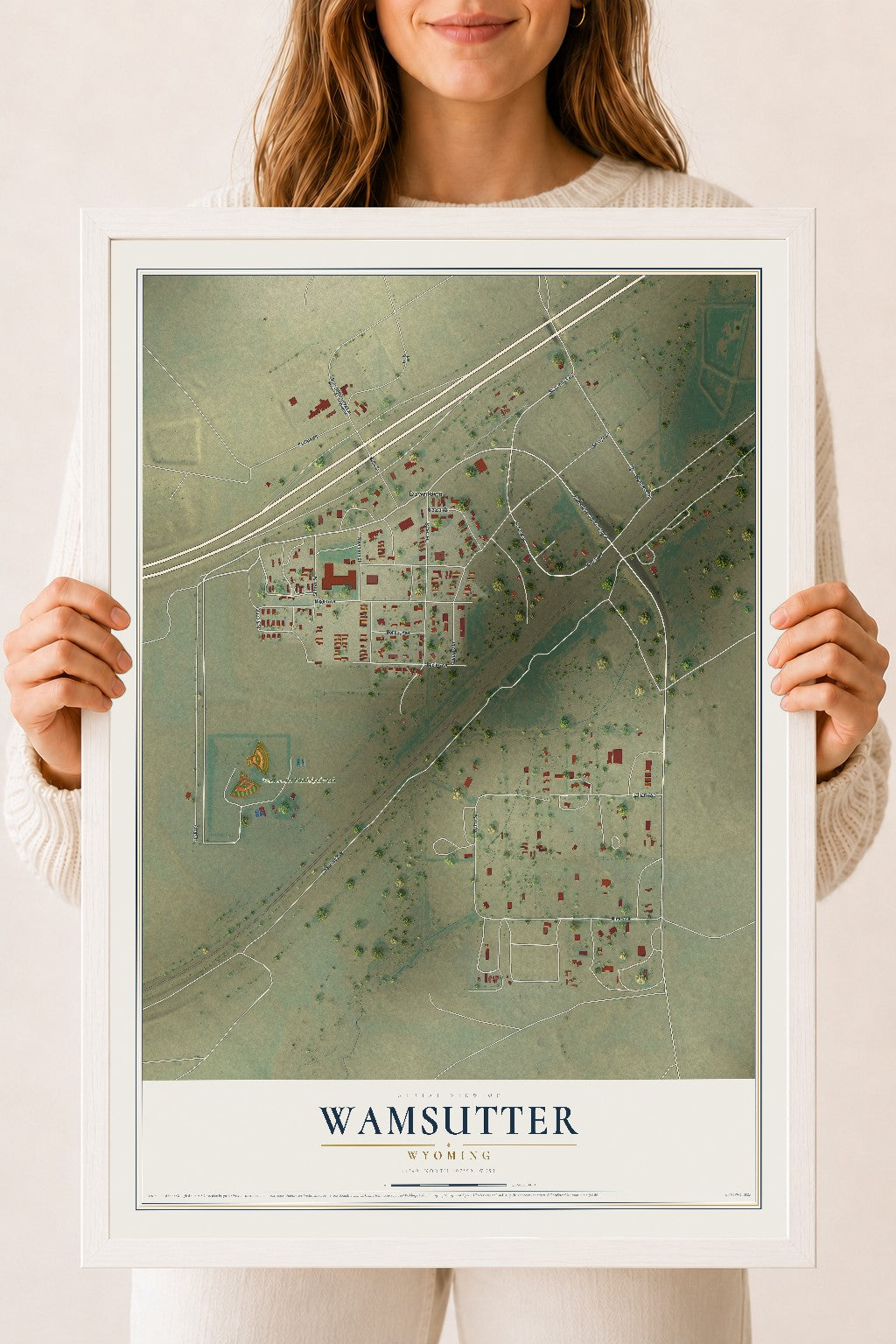 Map of Wamsutter, Wyoming, 18 x 24 inch print in a white wood frame
