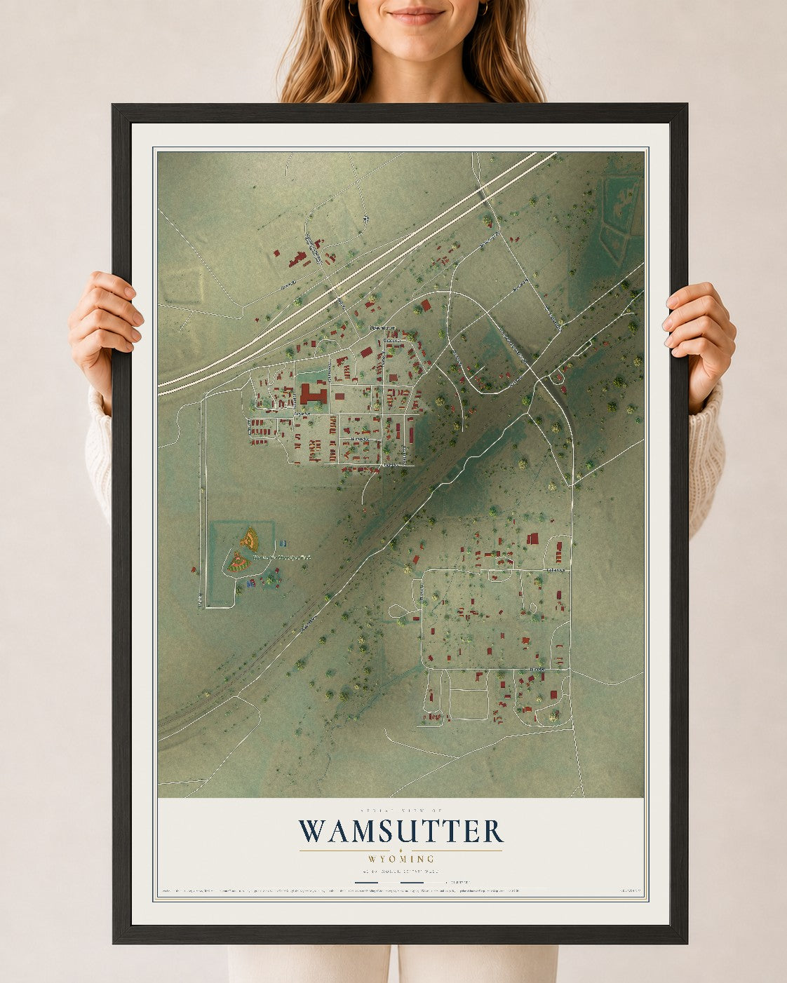Map of Wamsutter, Wyoming, 24 x 36 inch print in a black wood frame