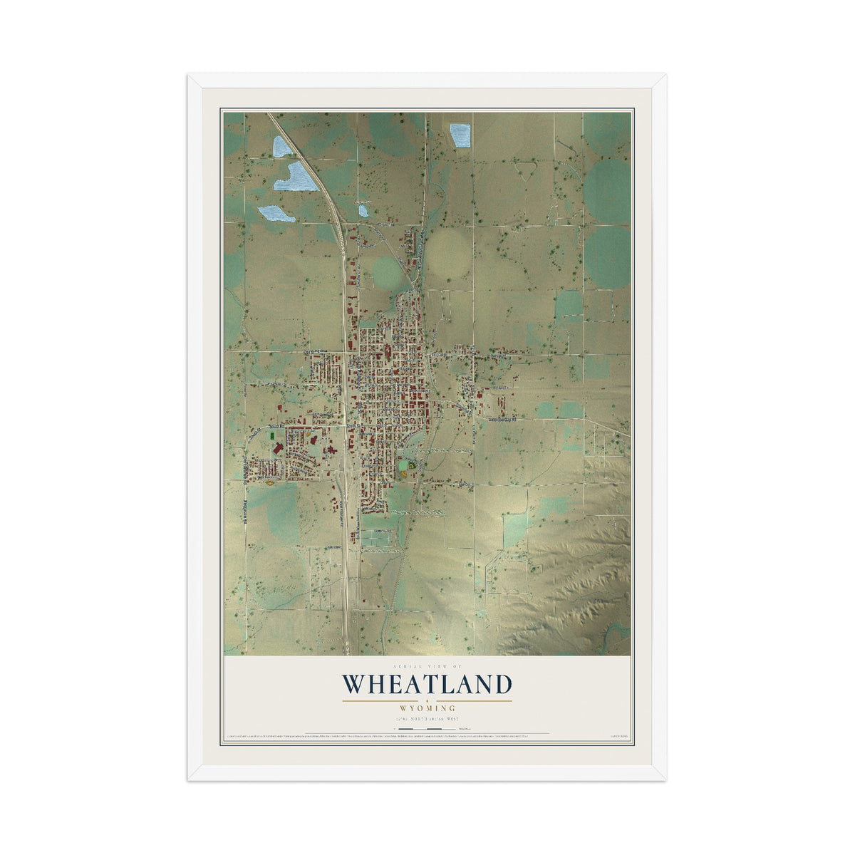 Map of Wheatland, Wyoming, 12 x 18 inch print in a white wood frame