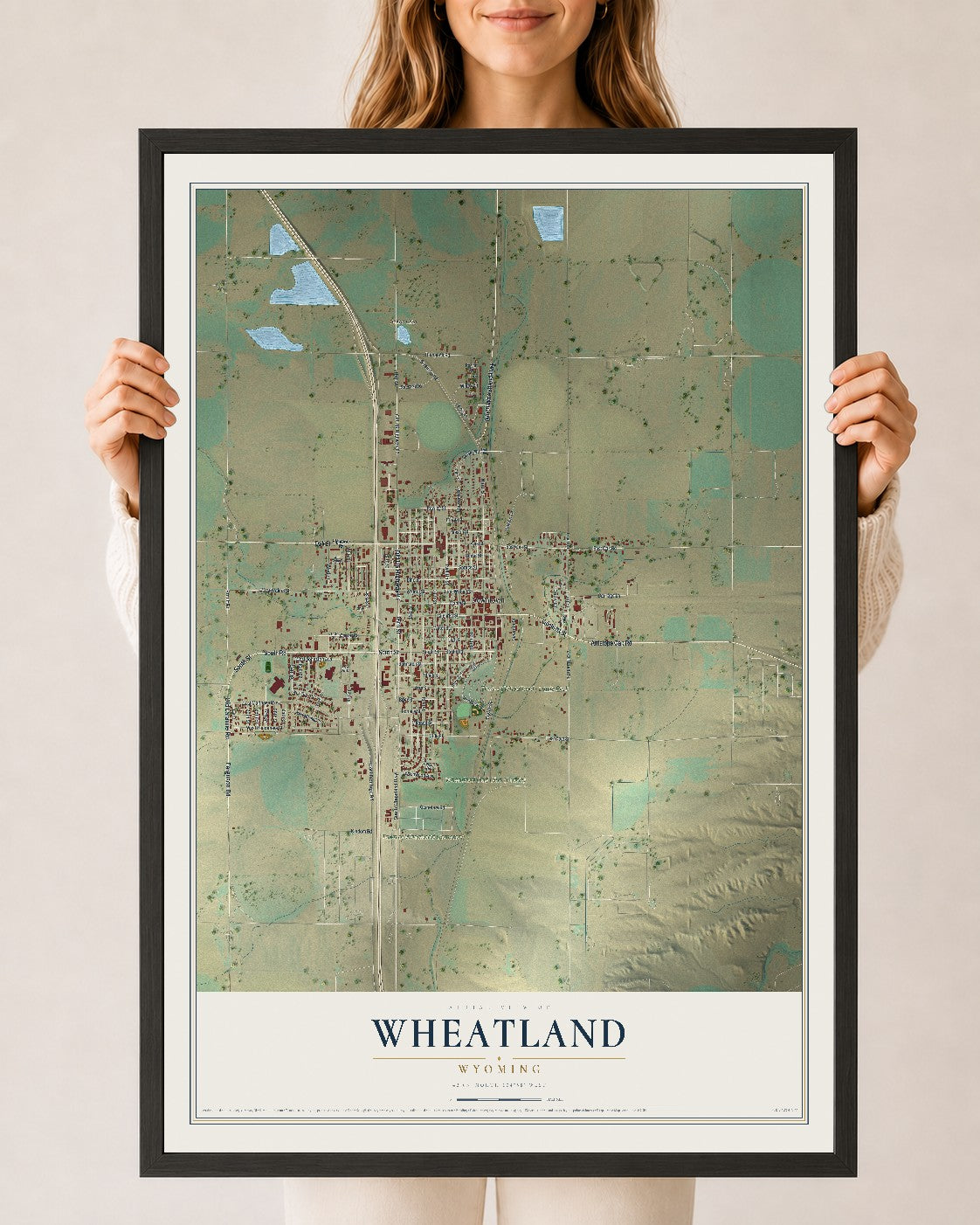 Map of Wheatland, Wyoming, 24 x 36 inch print in a black wood frame