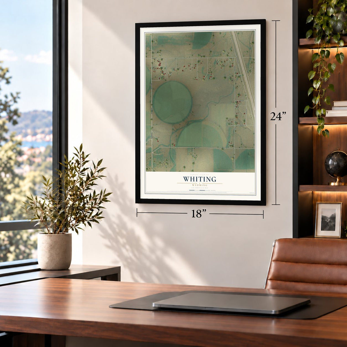 Whiting, Wyoming map, 18 x 24 inch print in a black frame in a home office