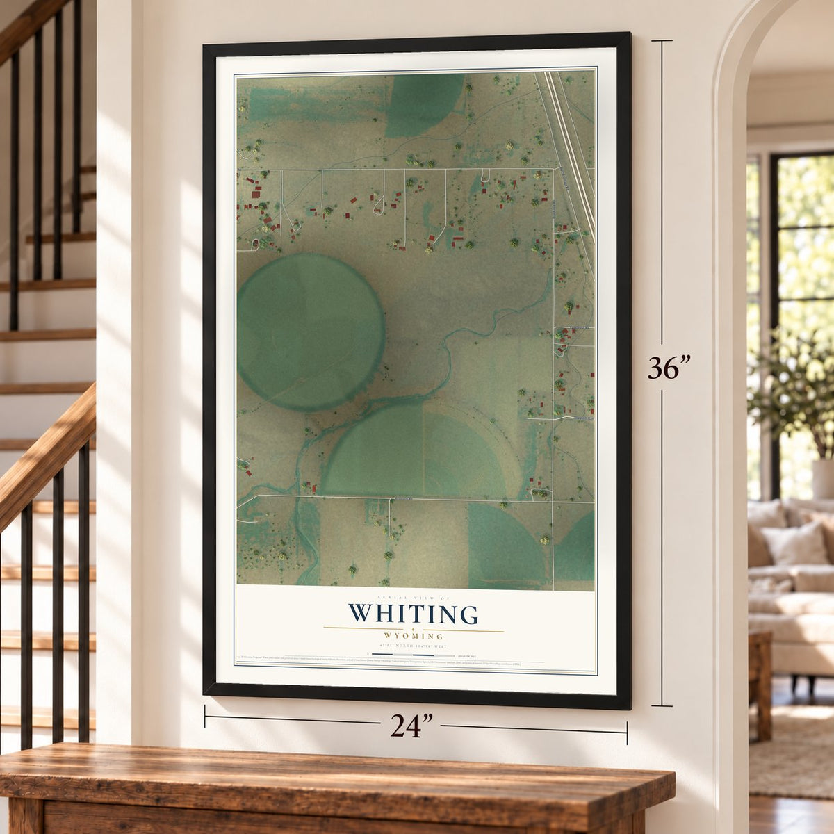Whiting, Wyoming map, 24 x 36 inch print in a black frame by a staircase