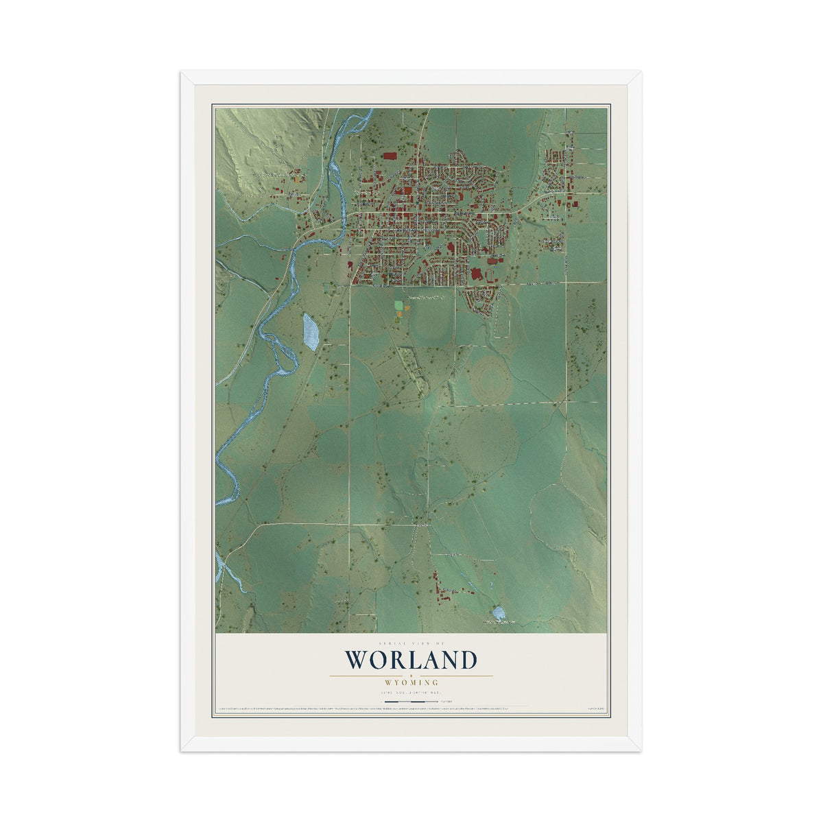 Map of Worland, Wyoming, 12 x 18 inch print in a white wood frame