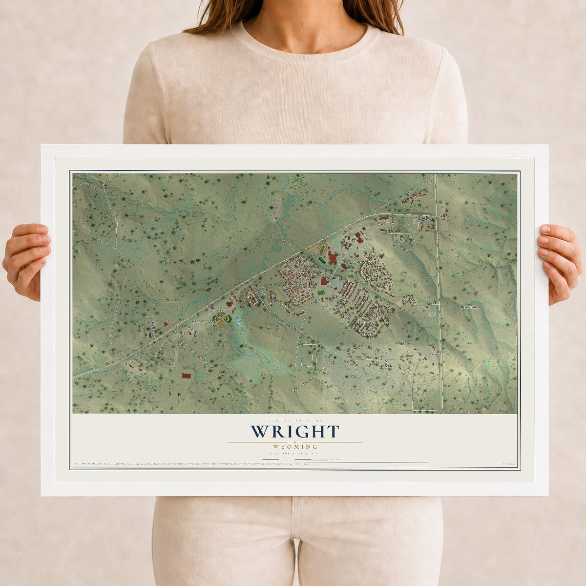 Map of Wright, Wyoming, 12 x 18 inch print in a white wood frame