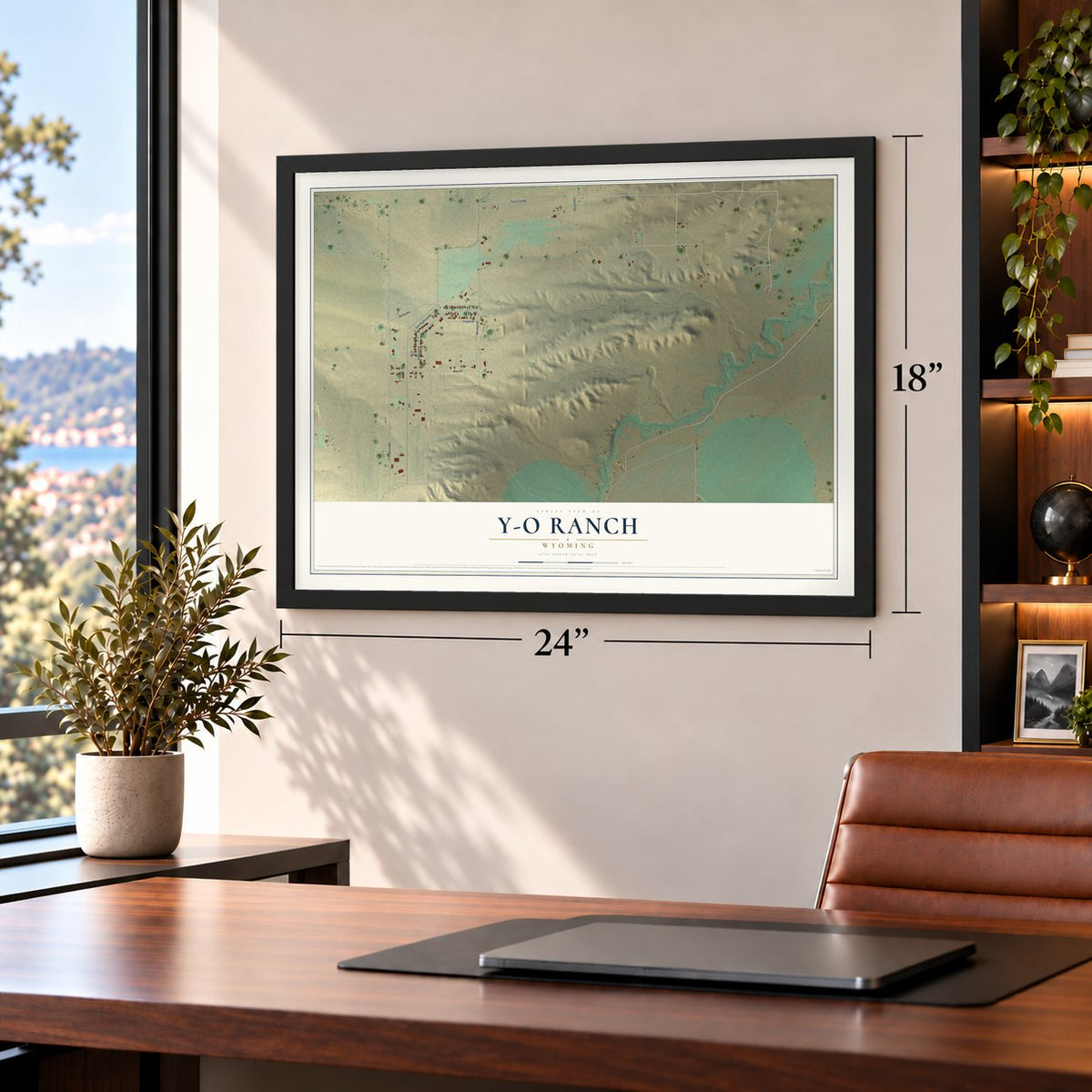 Y-O Ranch, Wyoming map, 18 x 24 inch print in a black frame in a home office