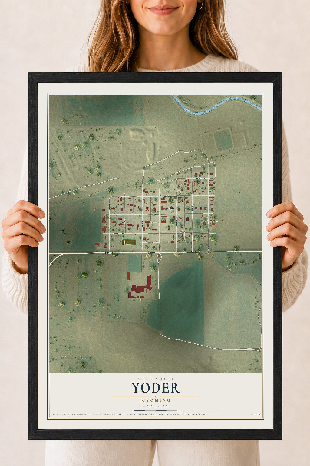 Map of Yoder, Wyoming, 18 x 24 inch print in a black wood frame