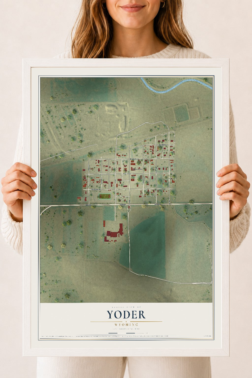 Map of Yoder, Wyoming, 18 x 24 inch print in a white wood frame