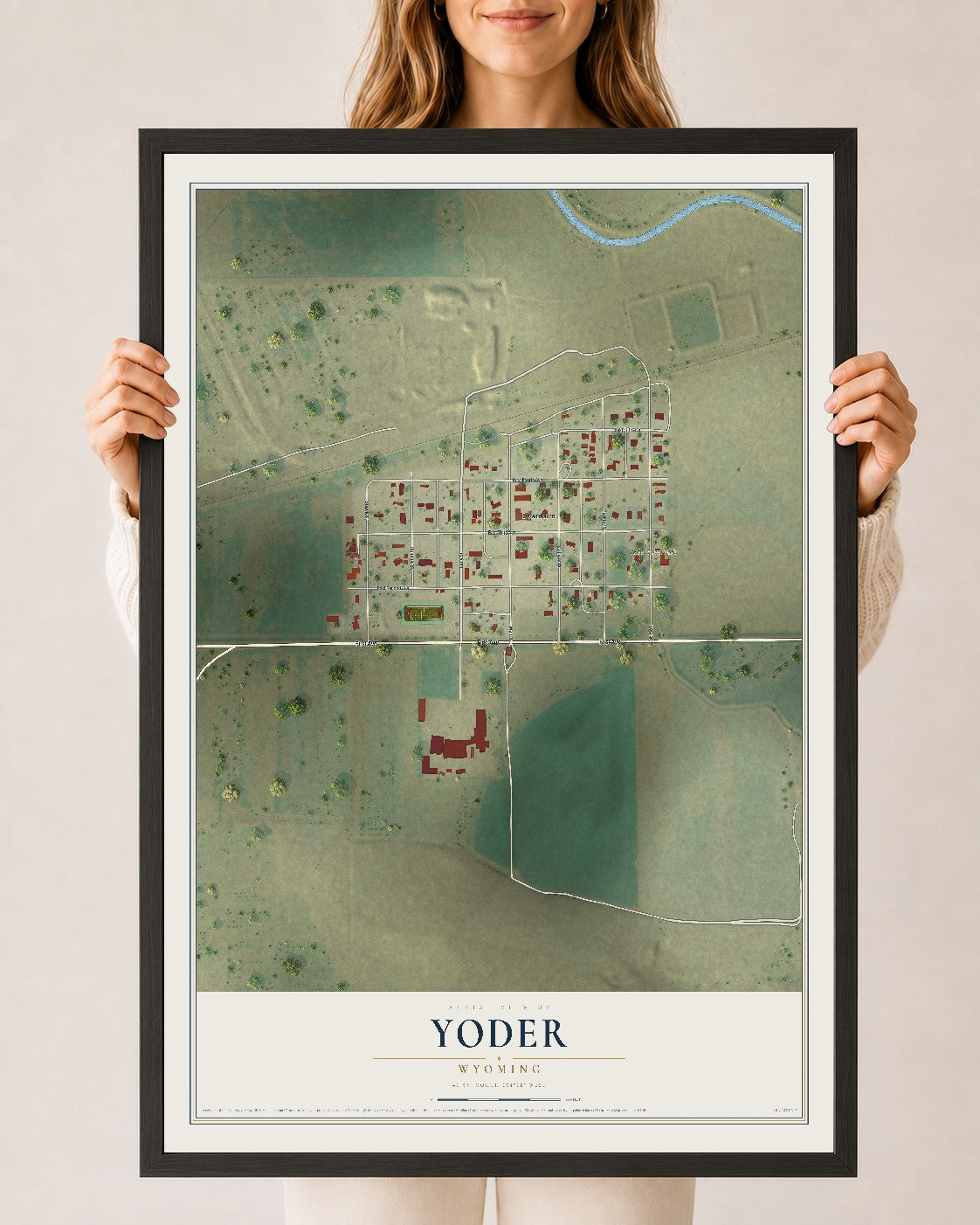 Map of Yoder, Wyoming, 24 x 36 inch print in a black wood frame