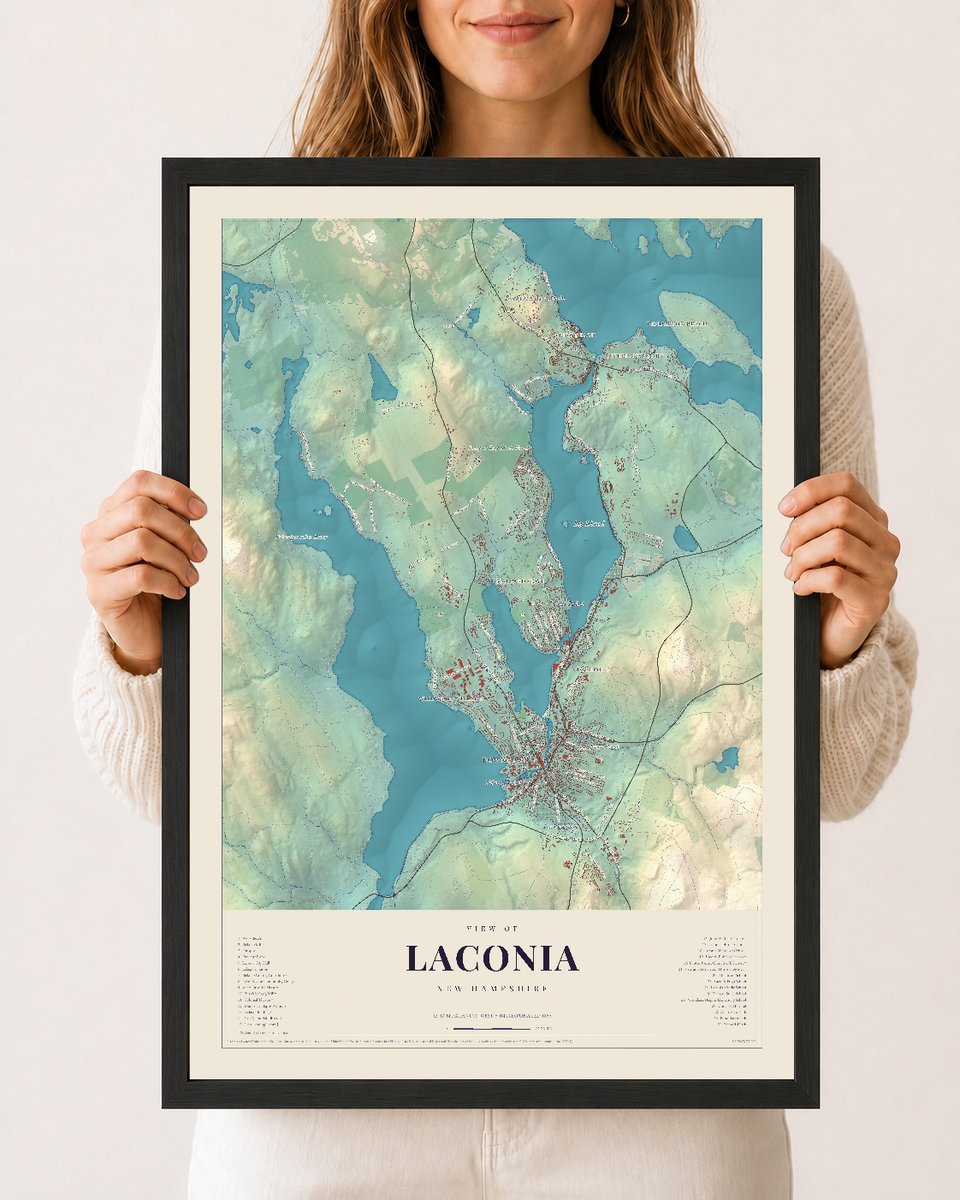 Laconia, New Hampshire map print, 12 x 18 in black wood frame