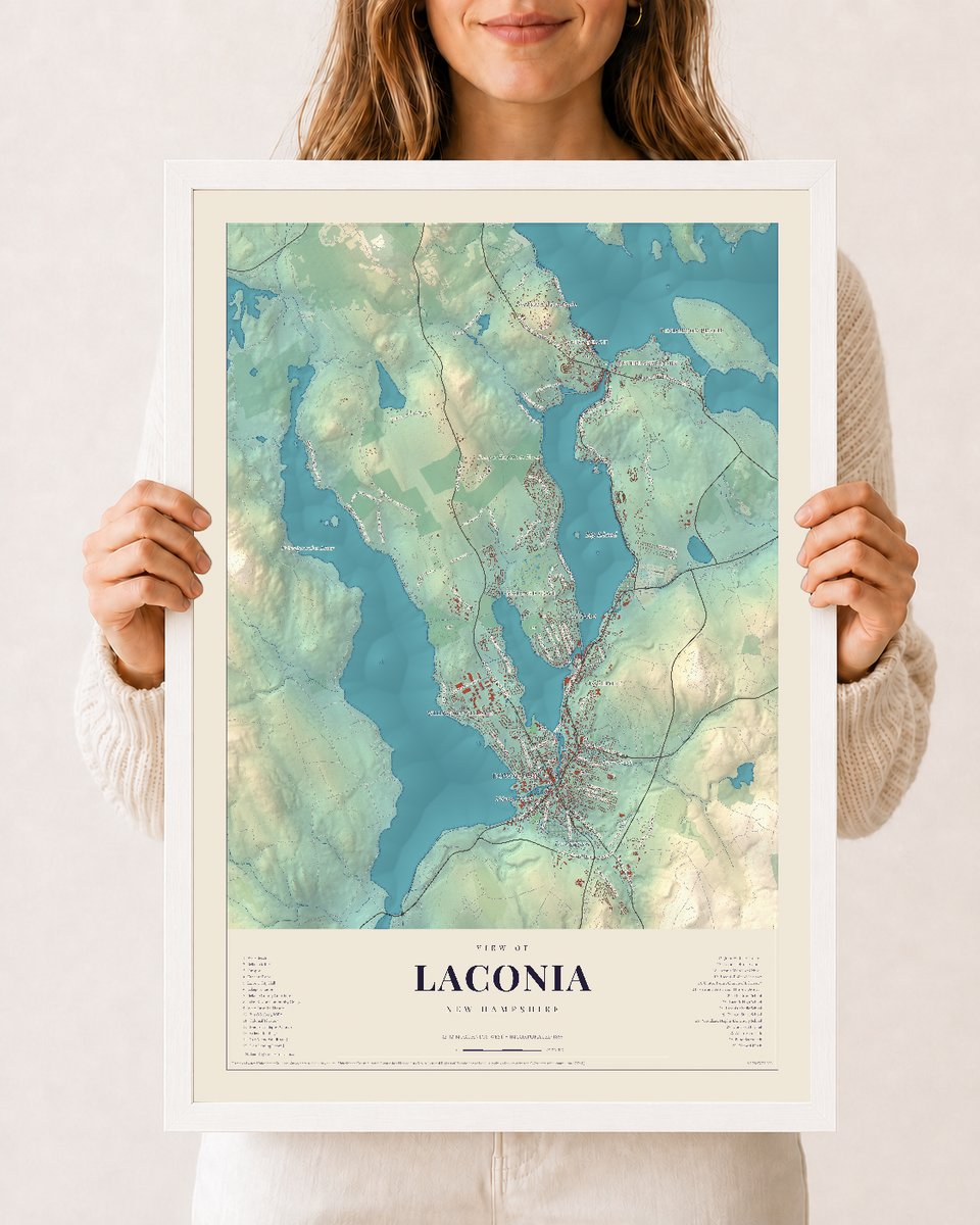 Laconia, New Hampshire map print, 12 x 18 in white wood frame