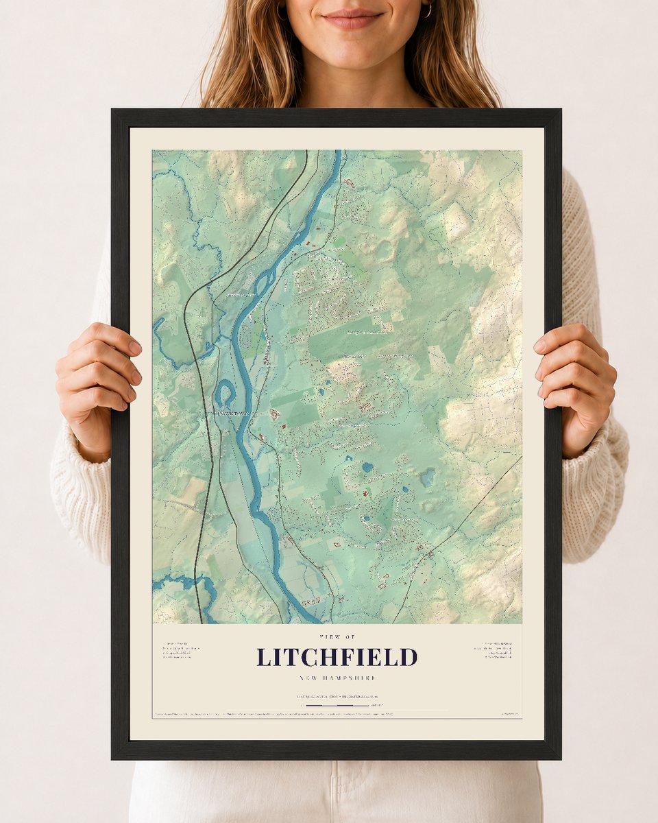 Litchfield, New Hampshire map print, 12 x 18 in black wood frame
