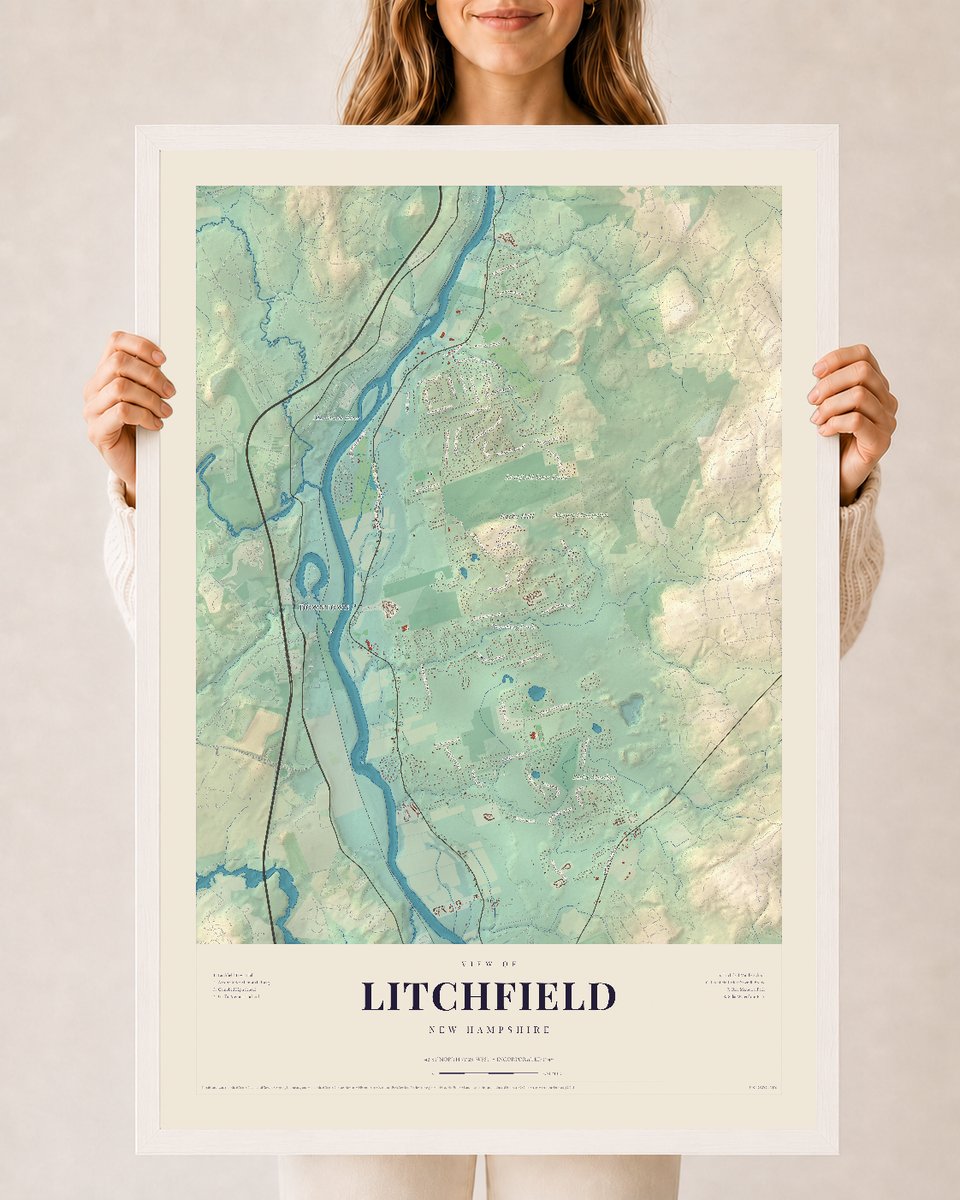 Litchfield, New Hampshire map print, 24 x 36 in white wood frame