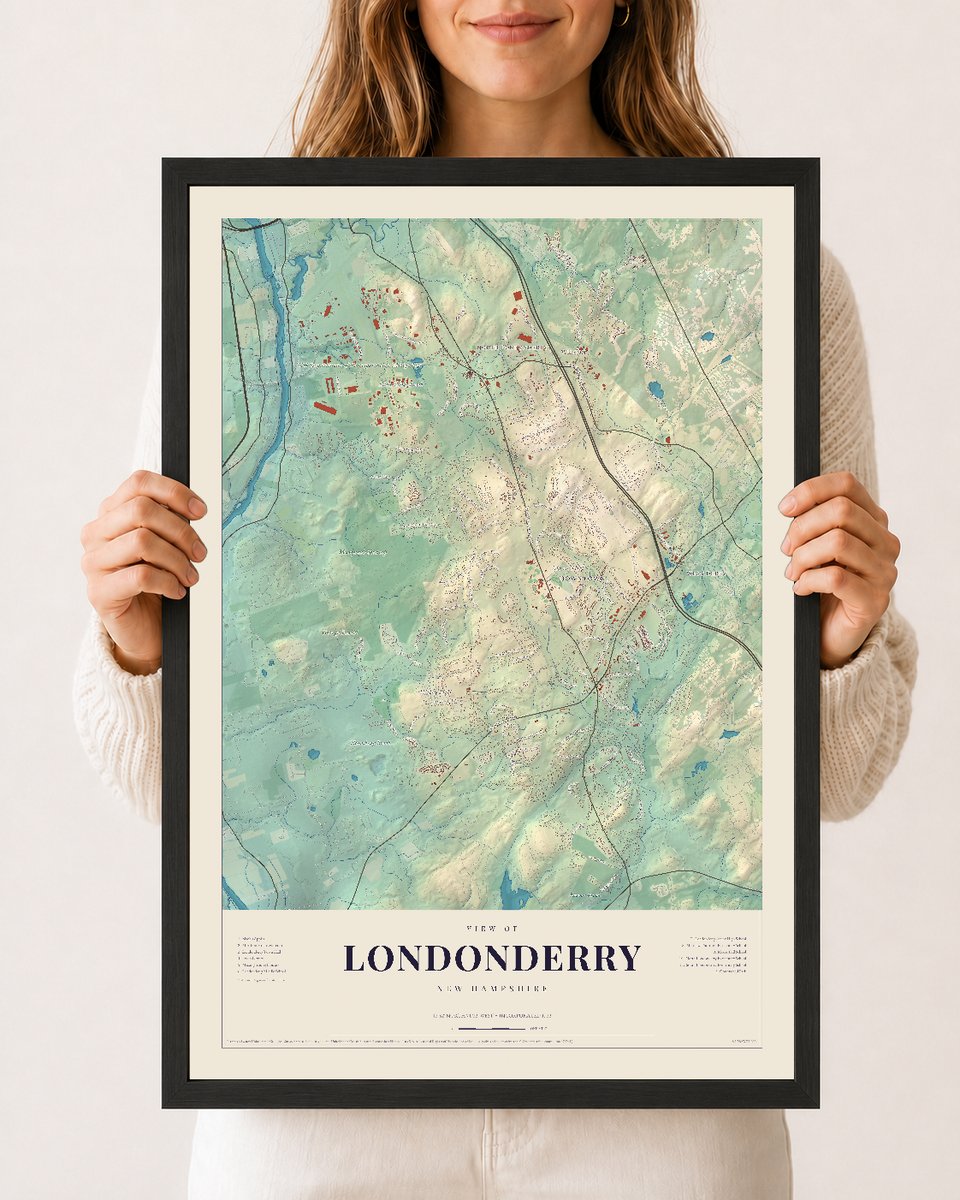 Londonderry, New Hampshire map print, 12 x 18 in black wood frame