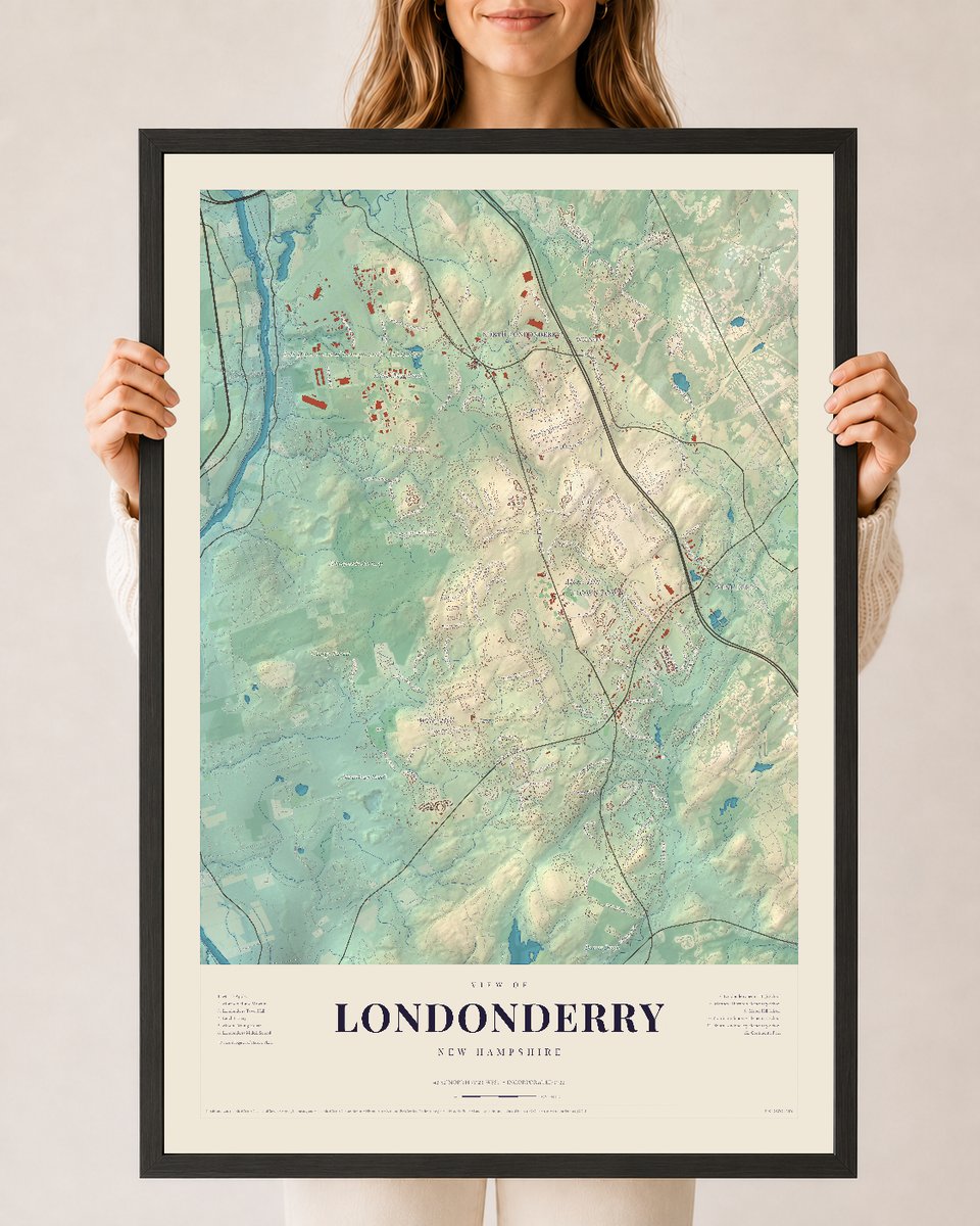 Londonderry, New Hampshire map print, 24 x 36 in black wood frame
