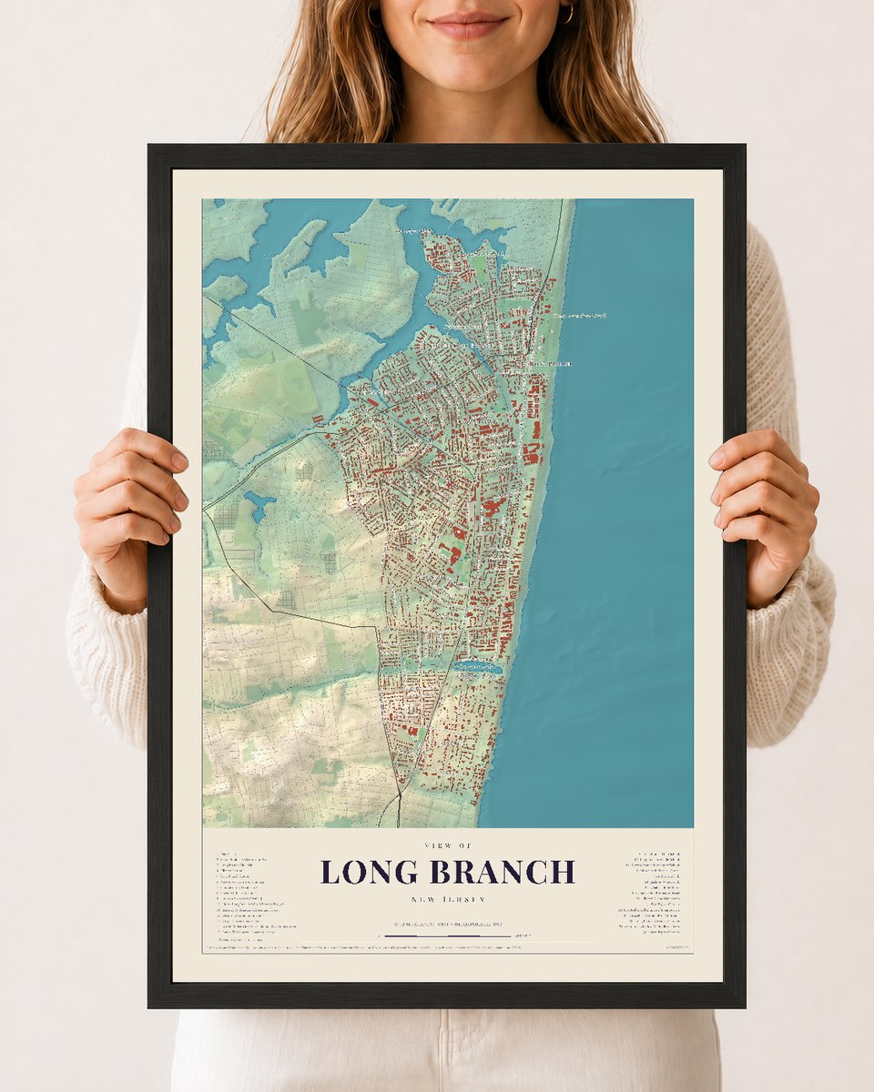 Long Branch, New Jersey map print, 12 x 18 in black wood frame
