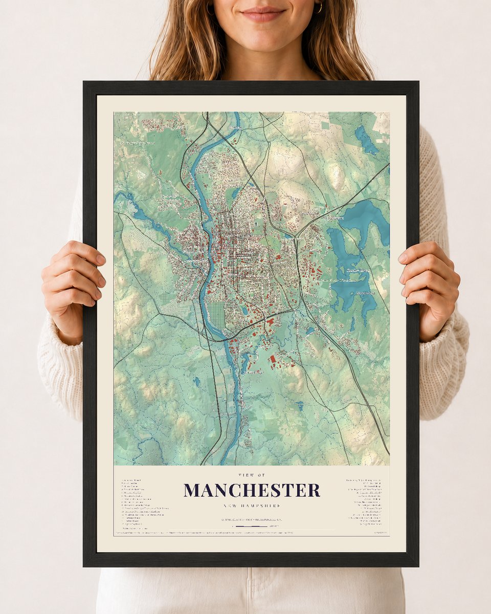 Manchester, New Hampshire map print, 12 x 18 in black wood frame