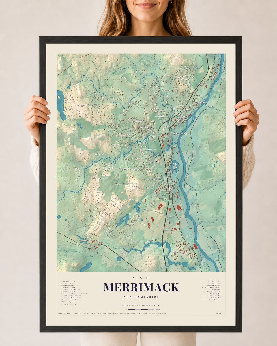 Merrimack, New Hampshire map print, 24 x 36 in black wood frame